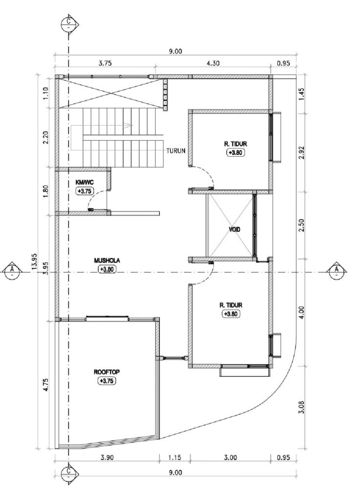 Denah rumah compact dua lantai dengan gaya istana modern